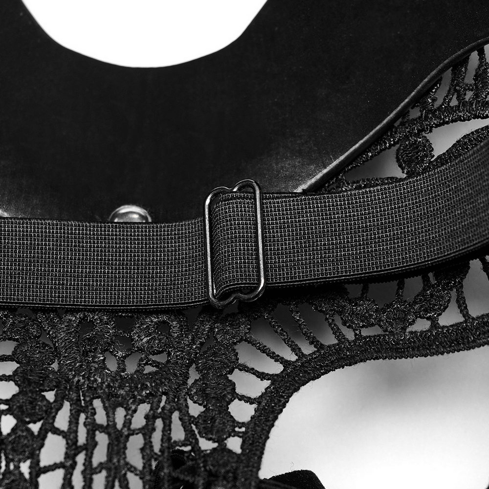 Close-up of Gothic lace and leather bunny mask showing detailed stitching and secure strap for edgy cosplay.