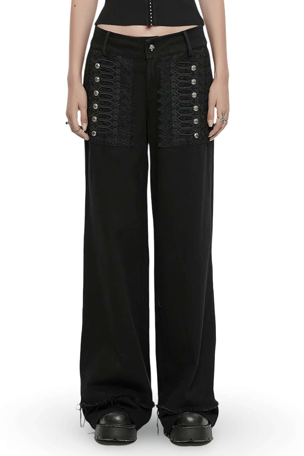 Gothic Lace and Rivet Embellished Denim Pants