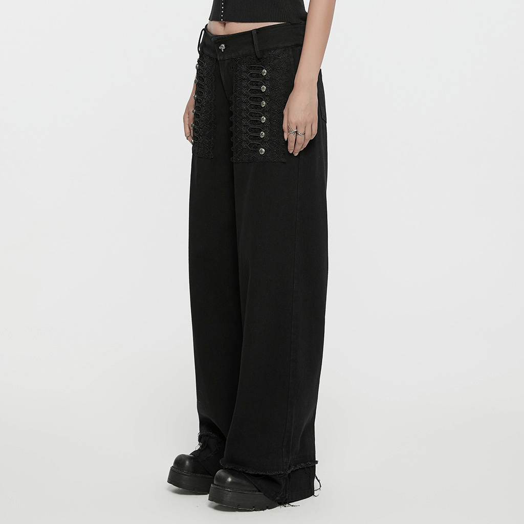 Gothic lace and rivet embellished black denim pants, showcasing a punk straight fit with unique details.