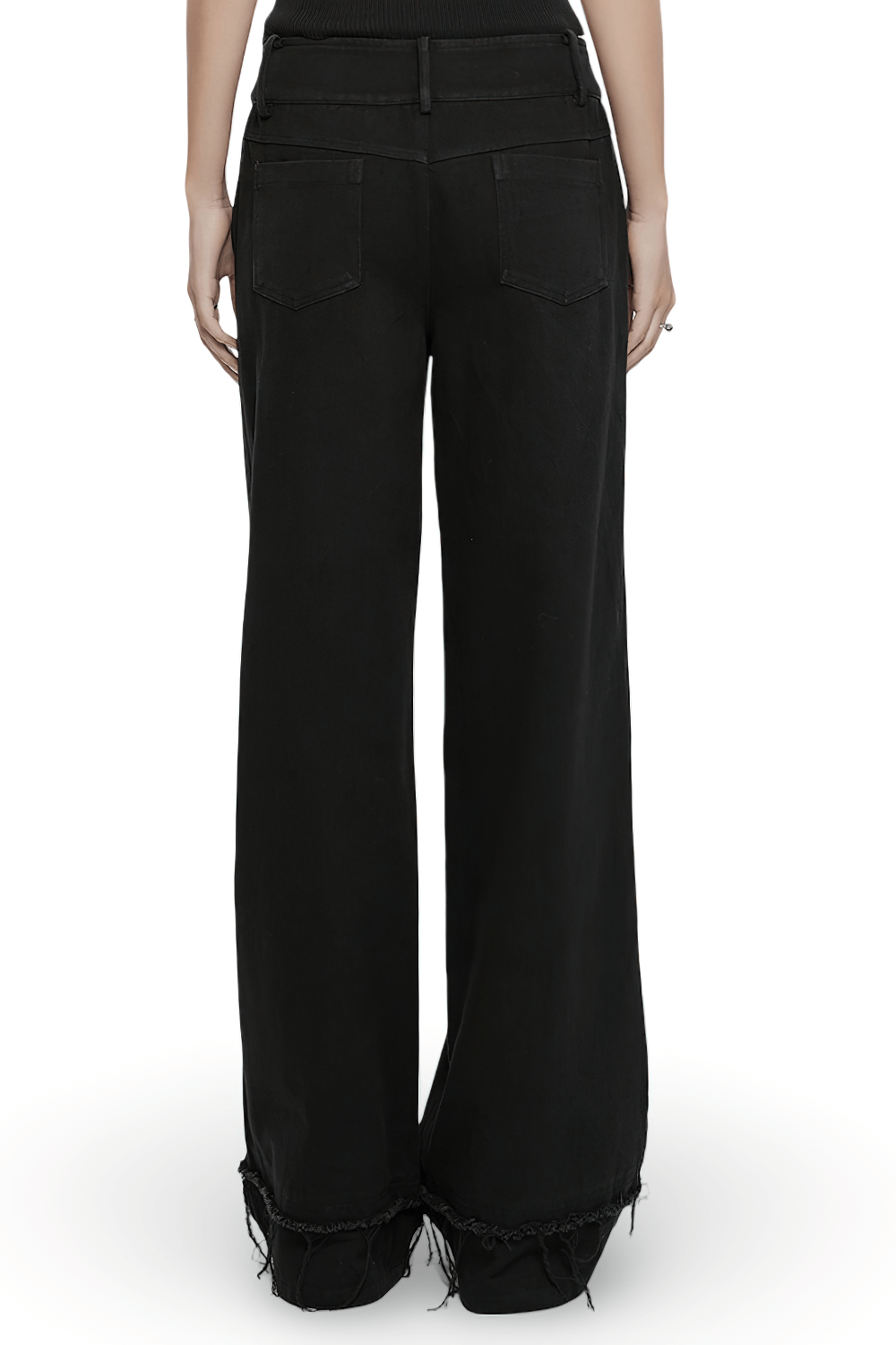 Back view of Gothic Lace and Rivet Embellished Denim Pants, showcasing loose fit and raw edges for added flair.