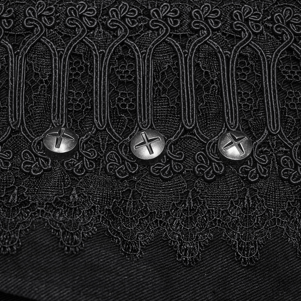 Exquisite black lace and rivet details on gothic denim pants, showcasing a unique punk fashion style.