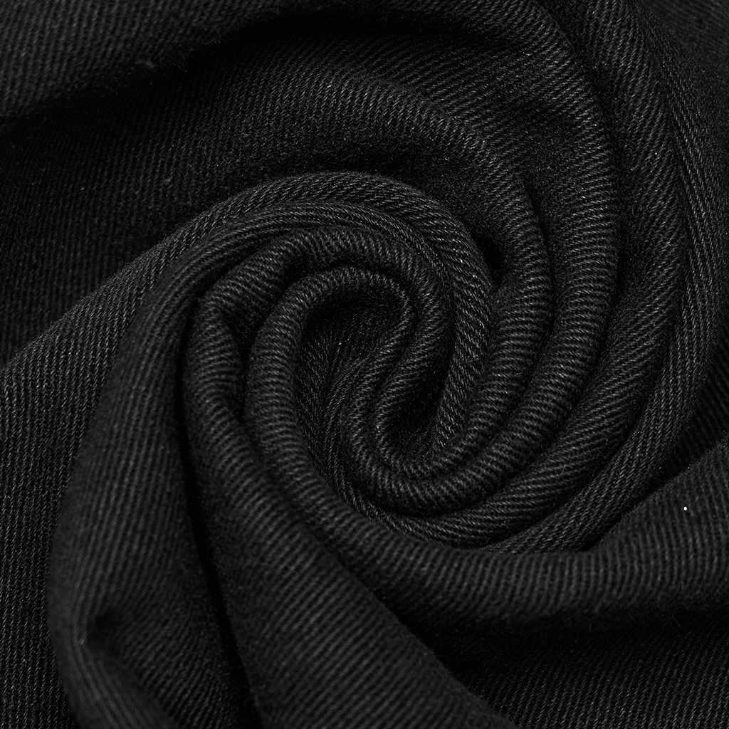 Close-up of swirling black denim fabric showcasing its smooth texture and depth, perfect for punk and gothic styles.