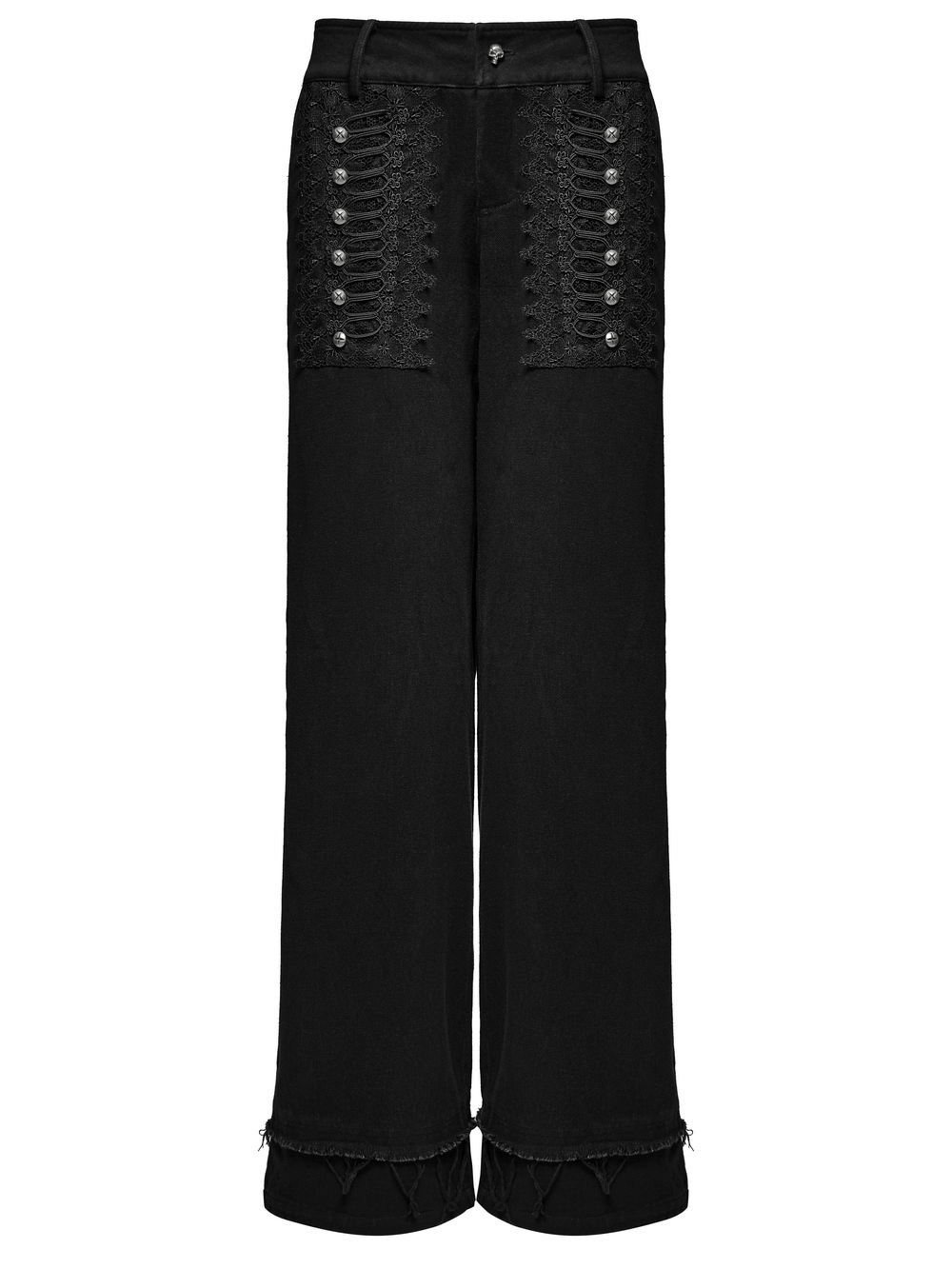 Gothic lace and rivet embellished black denim pants with a loose fit and raw edge details for a punk style.
