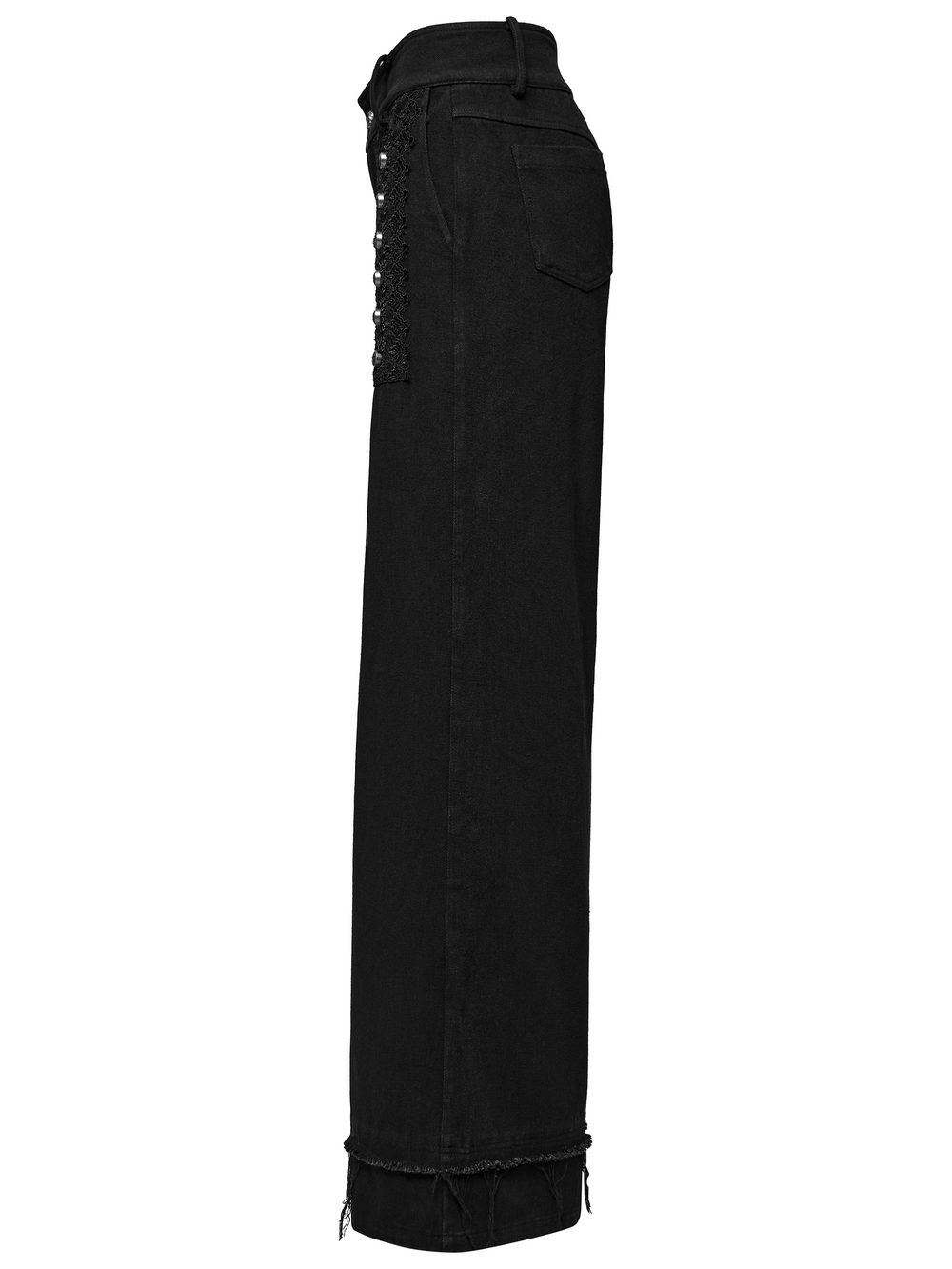 Gothic lace and rivet embellished black denim pants showcasing a punk straight fit with raw edge details.
