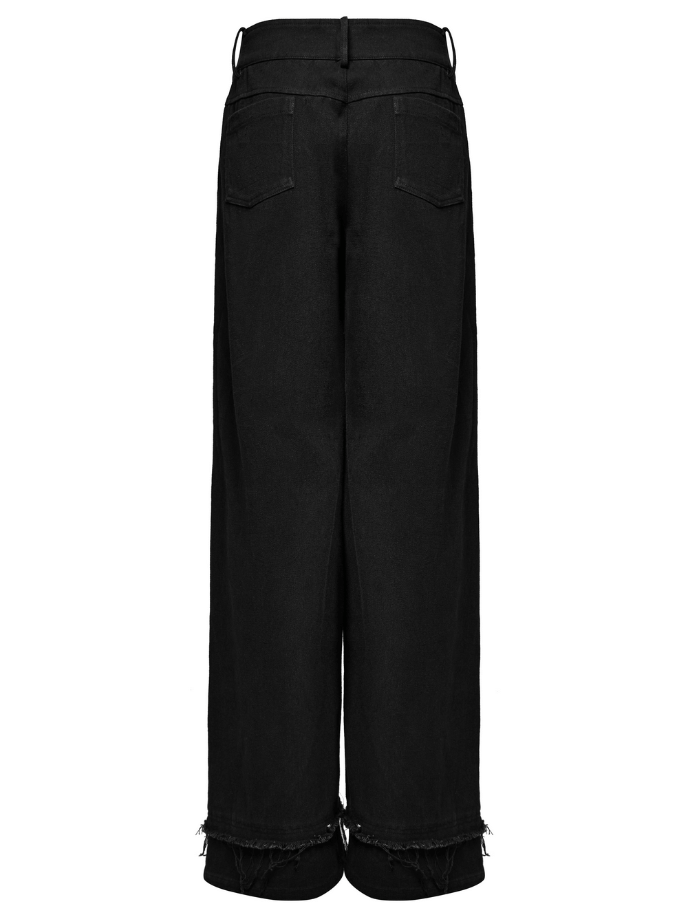 Back view of gothic lace and rivet embellished denim pants with raw edges and a loose straight fit.