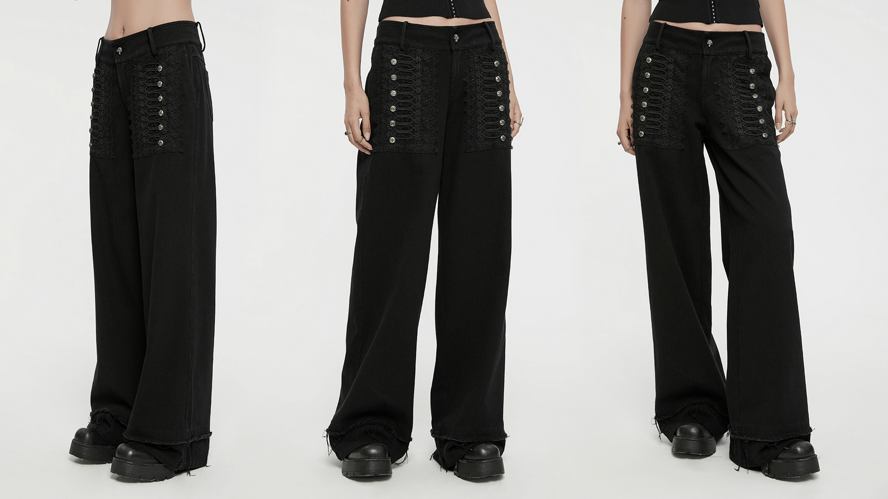 Gothic lace and rivet embellished denim pants showcasing punk style and unique design elements.