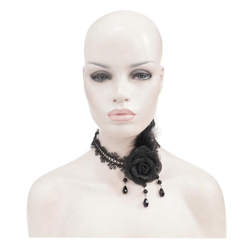 Stylish women's black lace choker with rose accent, perfect for gothic fashion accessories.