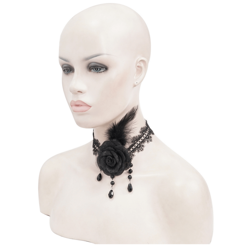 Women's gothic black lace choker with rose detail, perfect for enhancing vintage and gothic fashion looks.