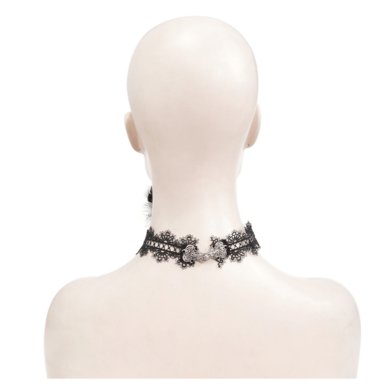 Back view of a gothic black lace choker with a rose accent on a mannequin, showcasing vintage fashion style.