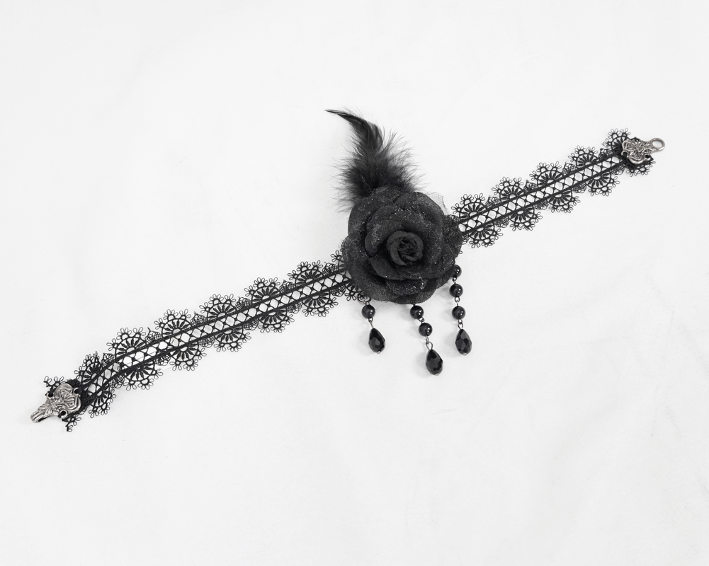 Gothic lace choker with rose and feather accents, perfect for vintage outfits and stylish women's fashion accessories.