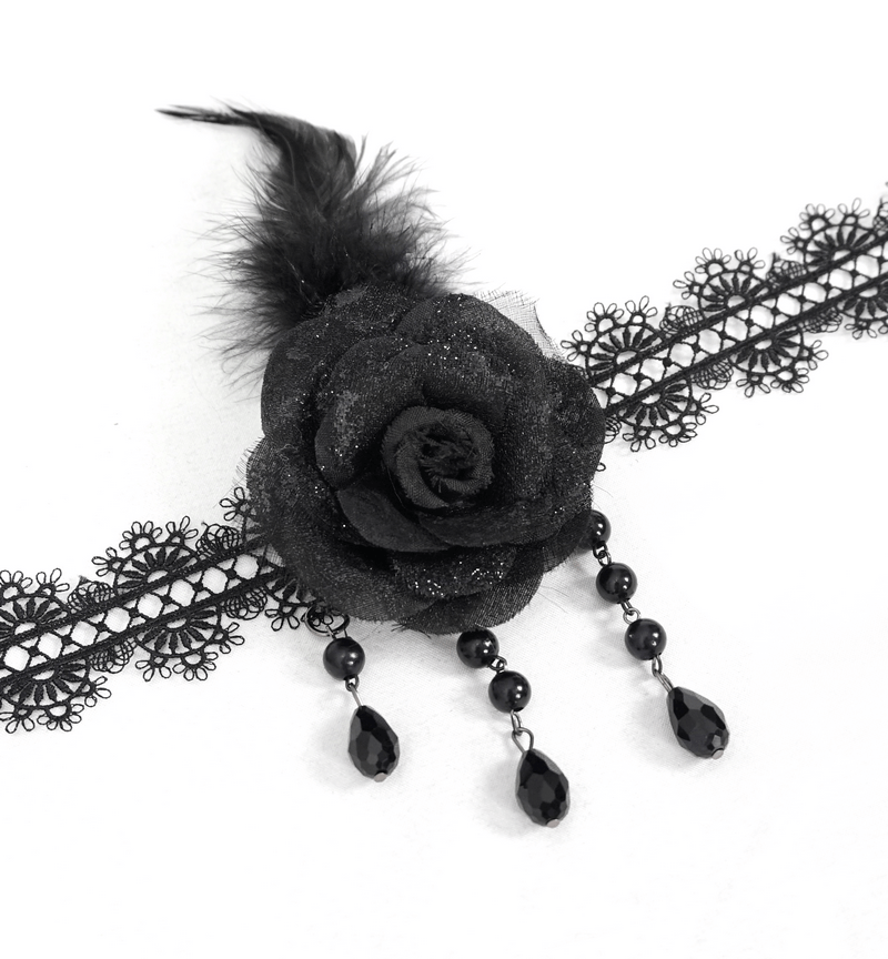 Gothic black lace choker with rose and bead accents, perfect for vintage fashion lovers.