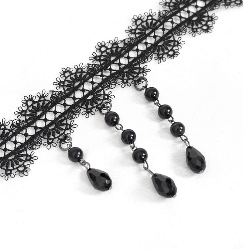 Elegant black lace choker with beads and teardrop embellishments, perfect gothic accessory for women.