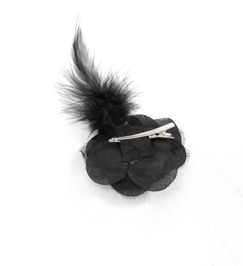 Black lace flower accessory with feather and clip for gothic fashion styling.