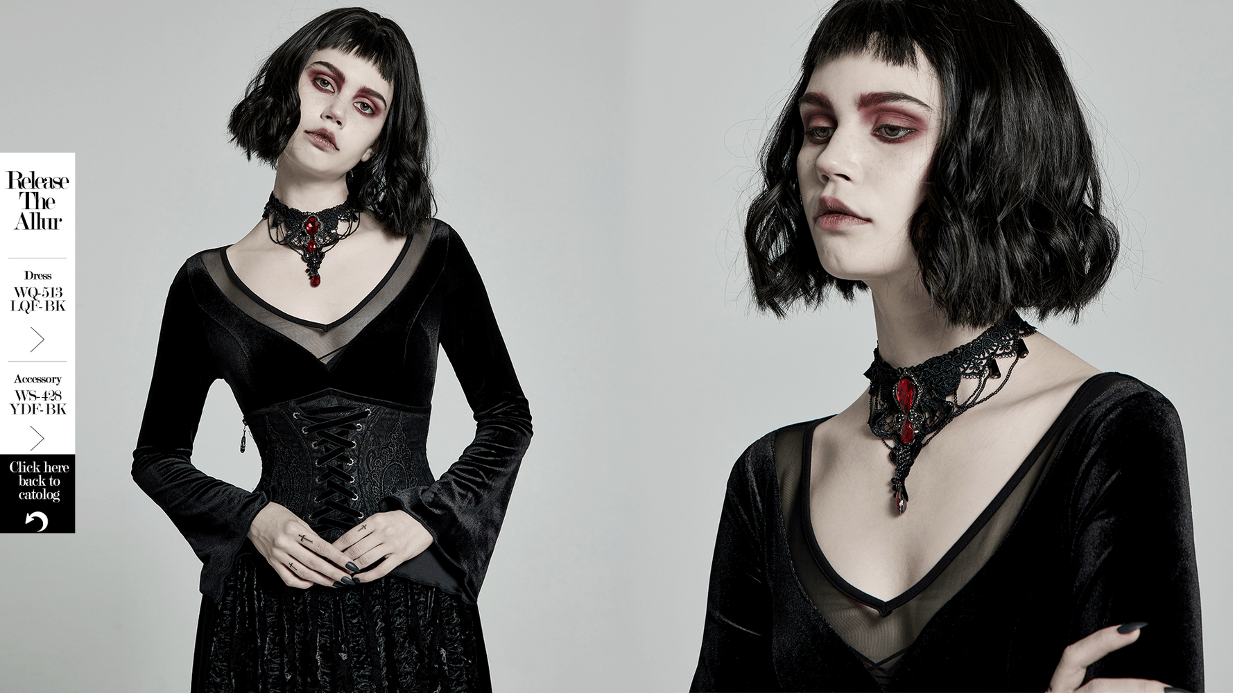 Gothic lace and ruby pendant necklace worn by model in elegant black dress, showcasing intricate design and gothic charm.