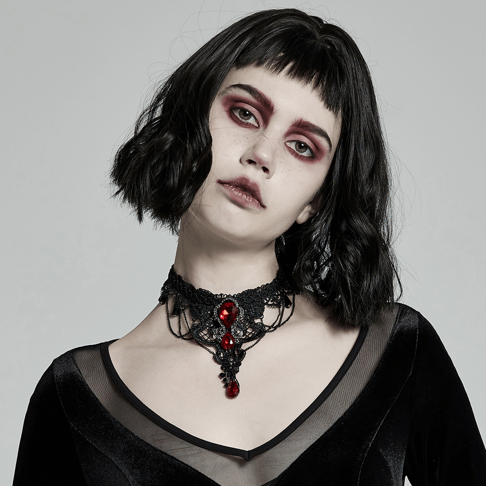 Gothic Lace and Ruby Pendant Necklace for Women