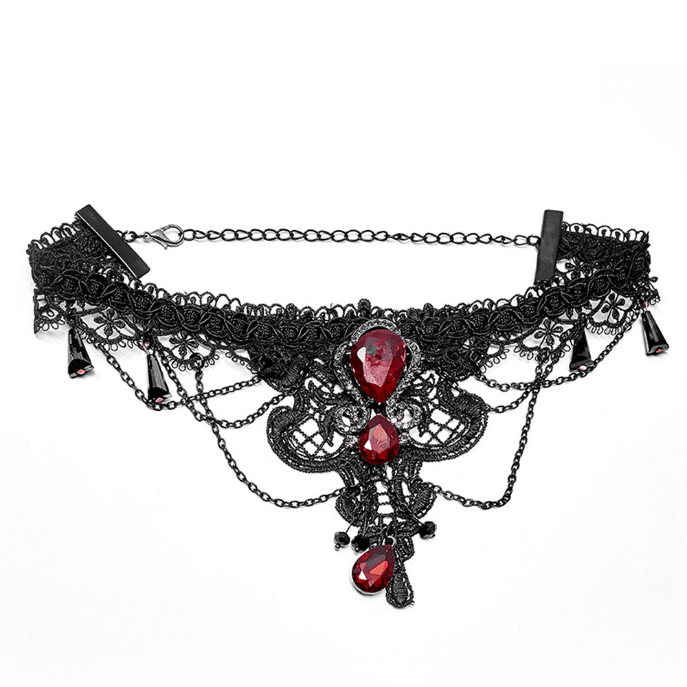 Gothic lace choker necklace with red gemstones and intricate designs, perfect for a unique women's accessory.