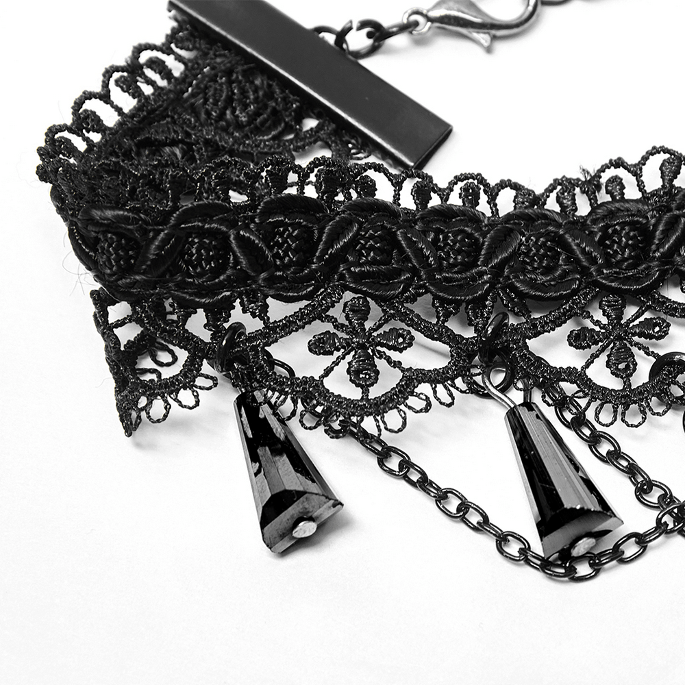 Intricate black lace choker necklace featuring hanging geometric pendants, perfect for gothic style lovers.