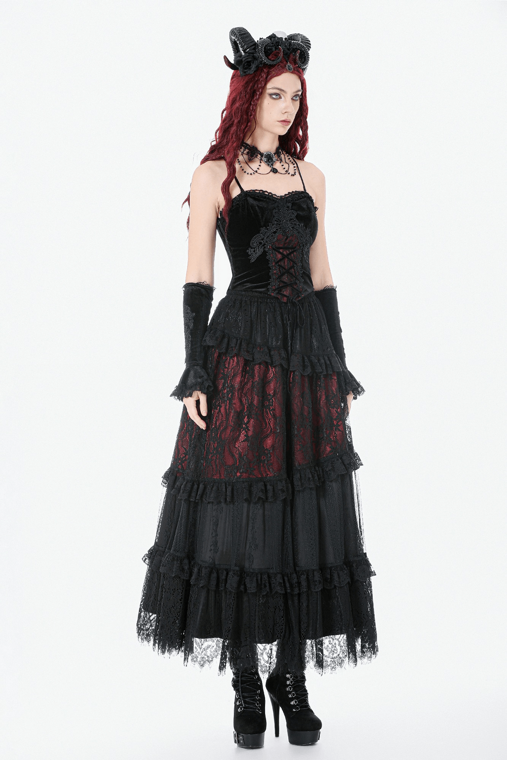 Gothic Lace and Ruffle Black Skirt with Wine Red Lining