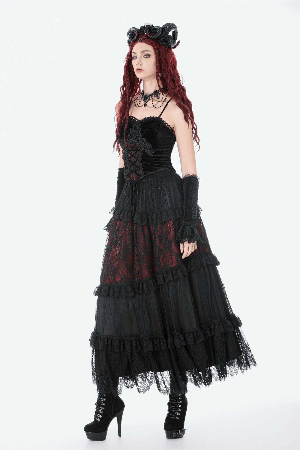 Gothic Lace and Ruffle Black Skirt with Wine Red Lining