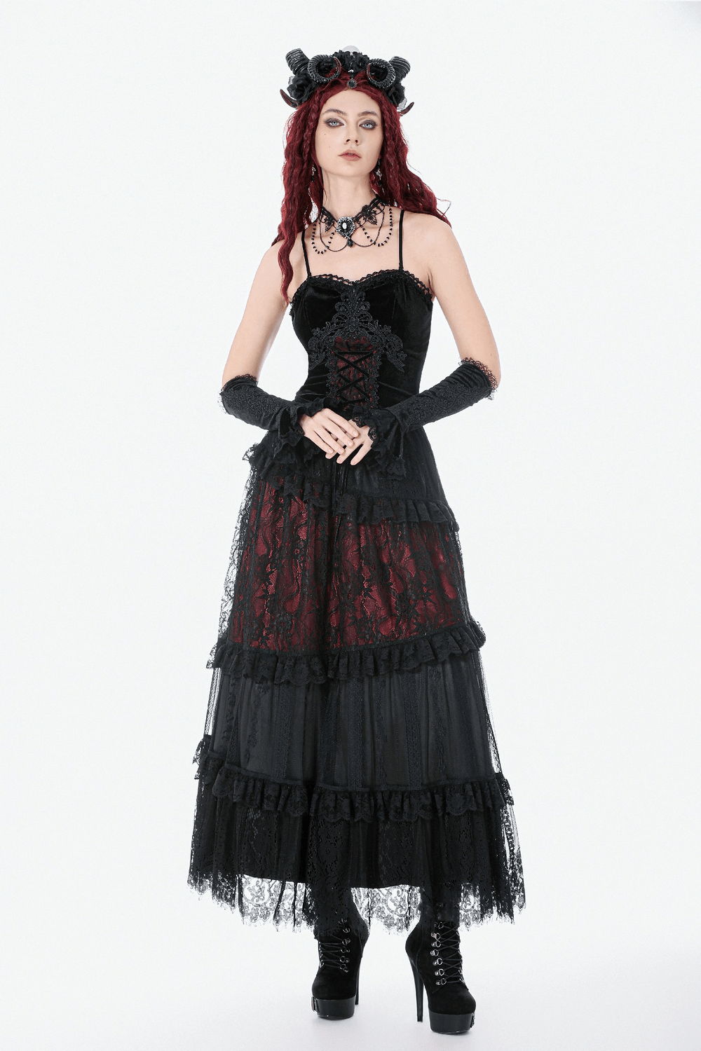 Gothic Lace and Ruffle Black Skirt with Wine Red Lining