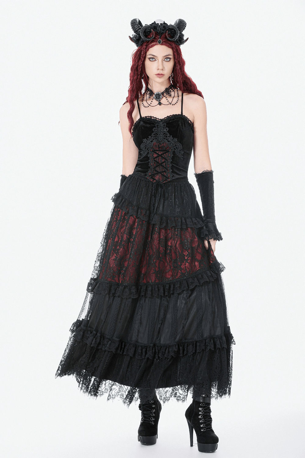 Gothic Lace and Ruffle Black Skirt with Wine Red Lining