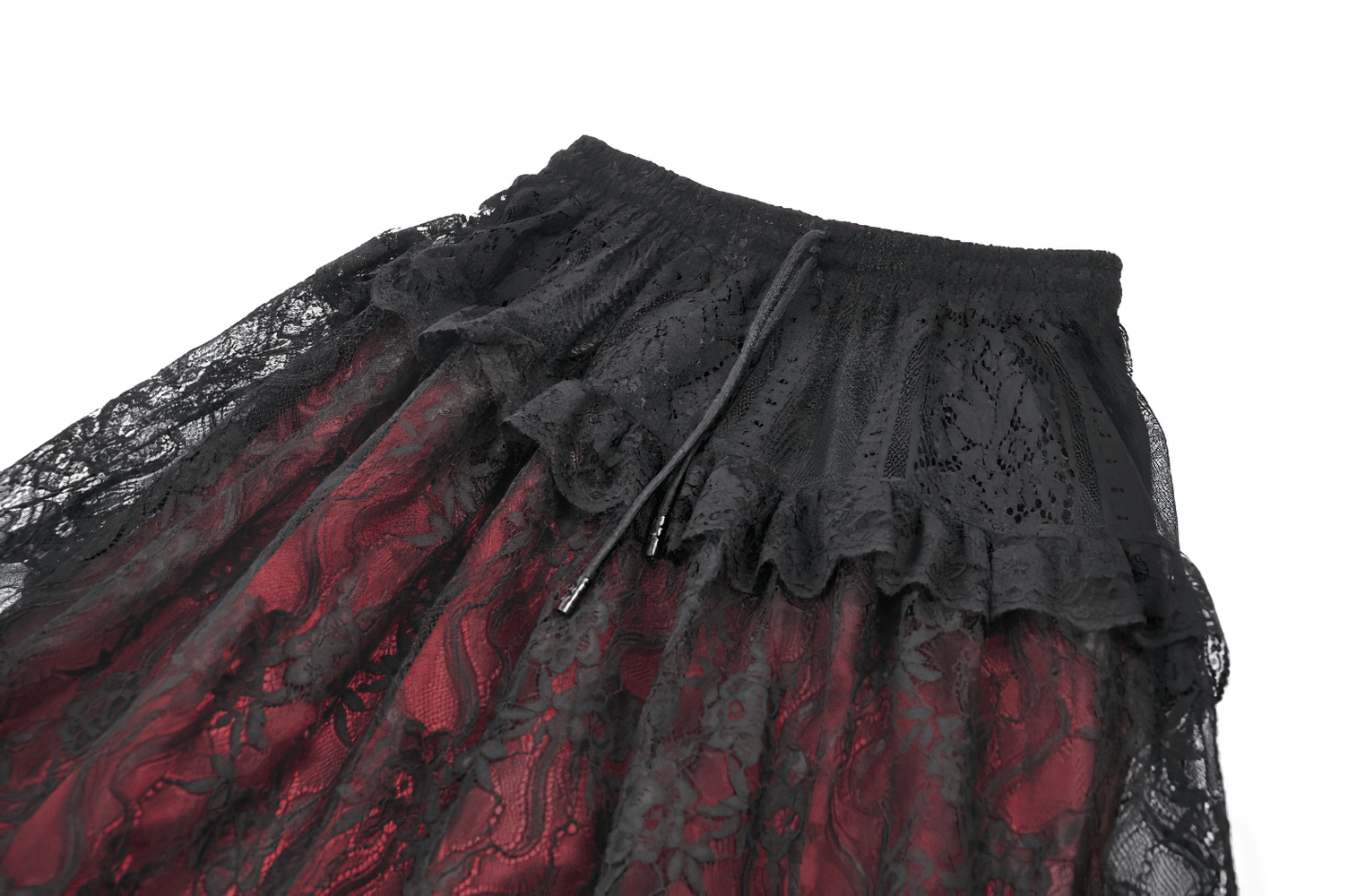 Gothic Lace and Ruffle Black Skirt with Wine Red Lining