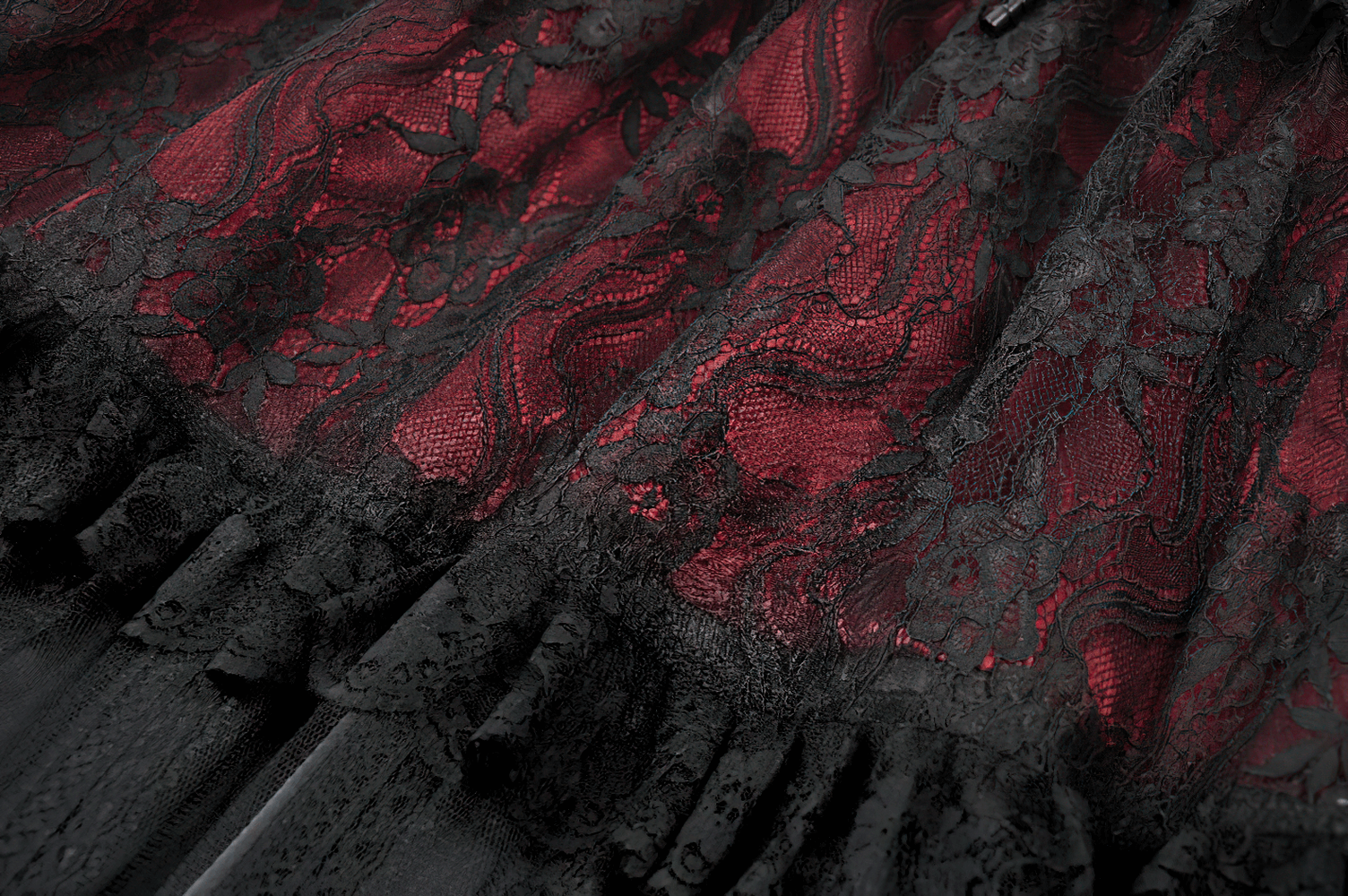 Gothic Lace and Ruffle Black Skirt with Wine Red Lining