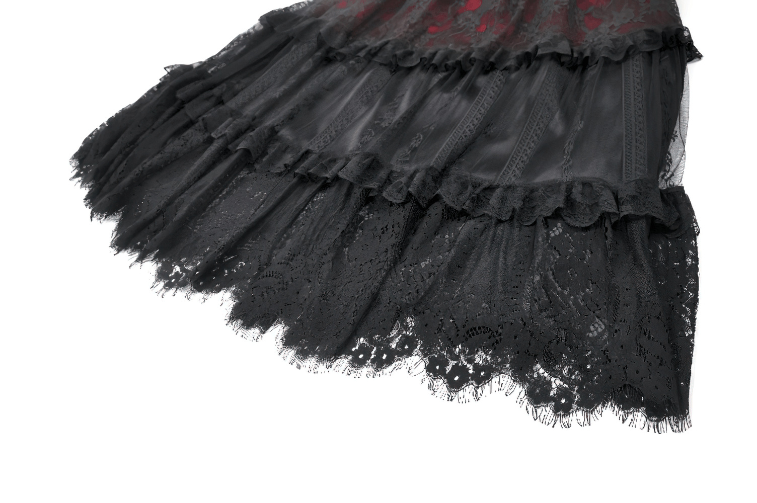 Gothic Lace and Ruffle Black Skirt with Wine Red Lining