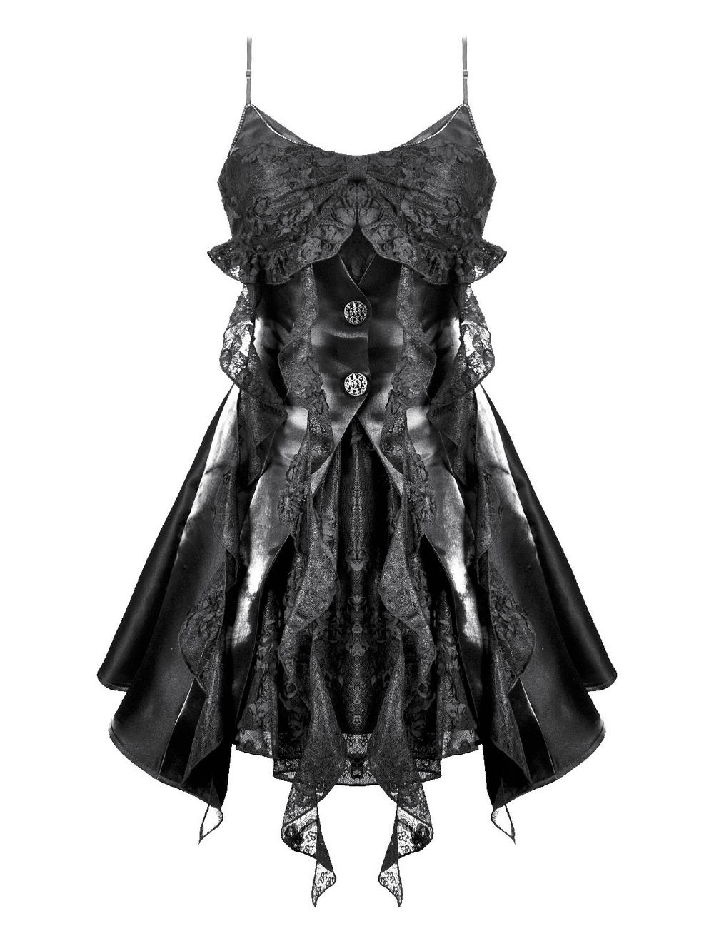 Gothic Lace and Satin Corset Mini Dress with Ruffle Details showcasing lace layers and ruffled trims in black.