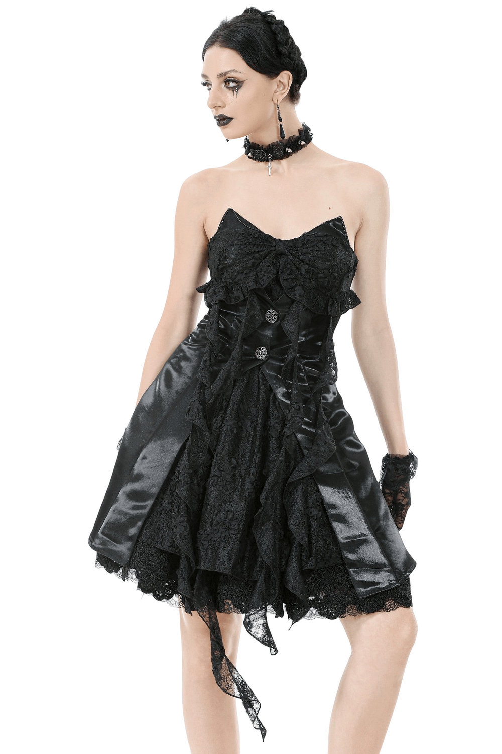 Gothic Lace and Satin Corset Mini Dress with Ruffle Details, showcasing vintage Victorian lace and ruffles.