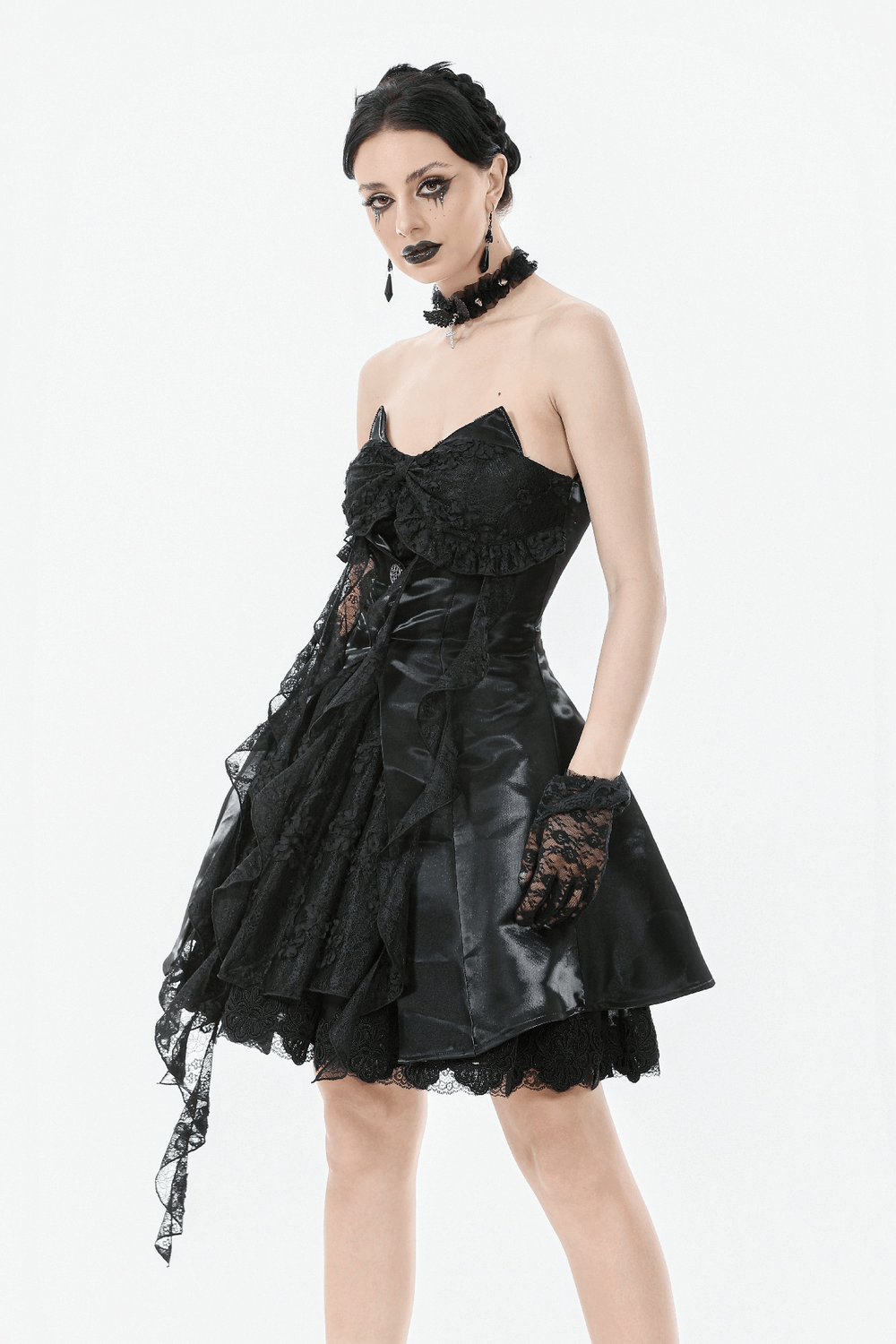 Gothic Lace and Satin Corset Mini Dress with Ruffle Details, showcasing dark elegance and Victorian inspiration.