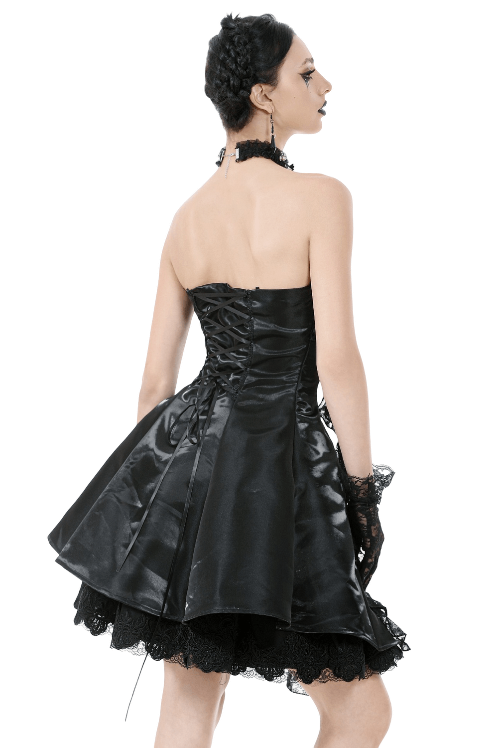 Gothic Lace and Satin Corset Mini Dress with Ruffle Details showcasing a model wearing the dress from the back.