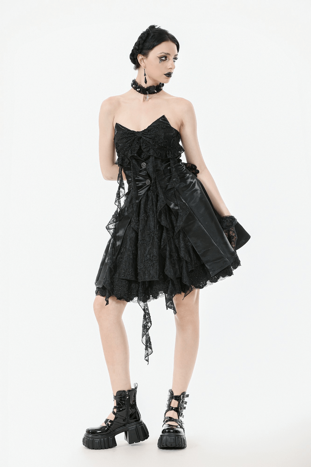 Gothic Lace and Satin Corset Mini Dress with Ruffle Details showcased on a model in a stylish pose.