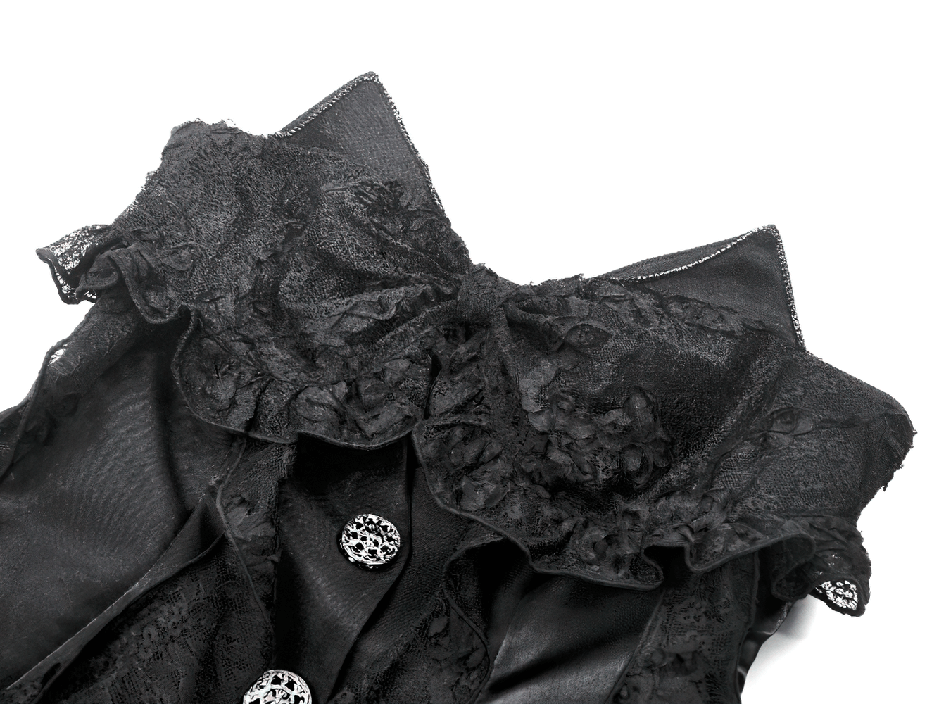 Gothic Lace and Satin Corset Mini Dress with Ruffle Details featuring intricate lace and ruffled collar design.