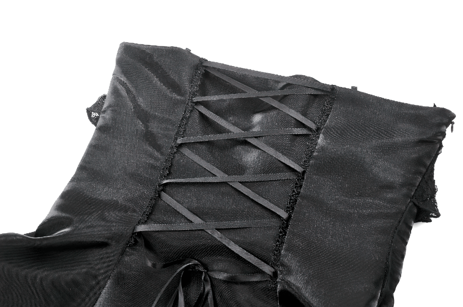 Gothic Lace and Satin Corset Mini Dress with Ruffle Details showcasing intricate lace-up back.