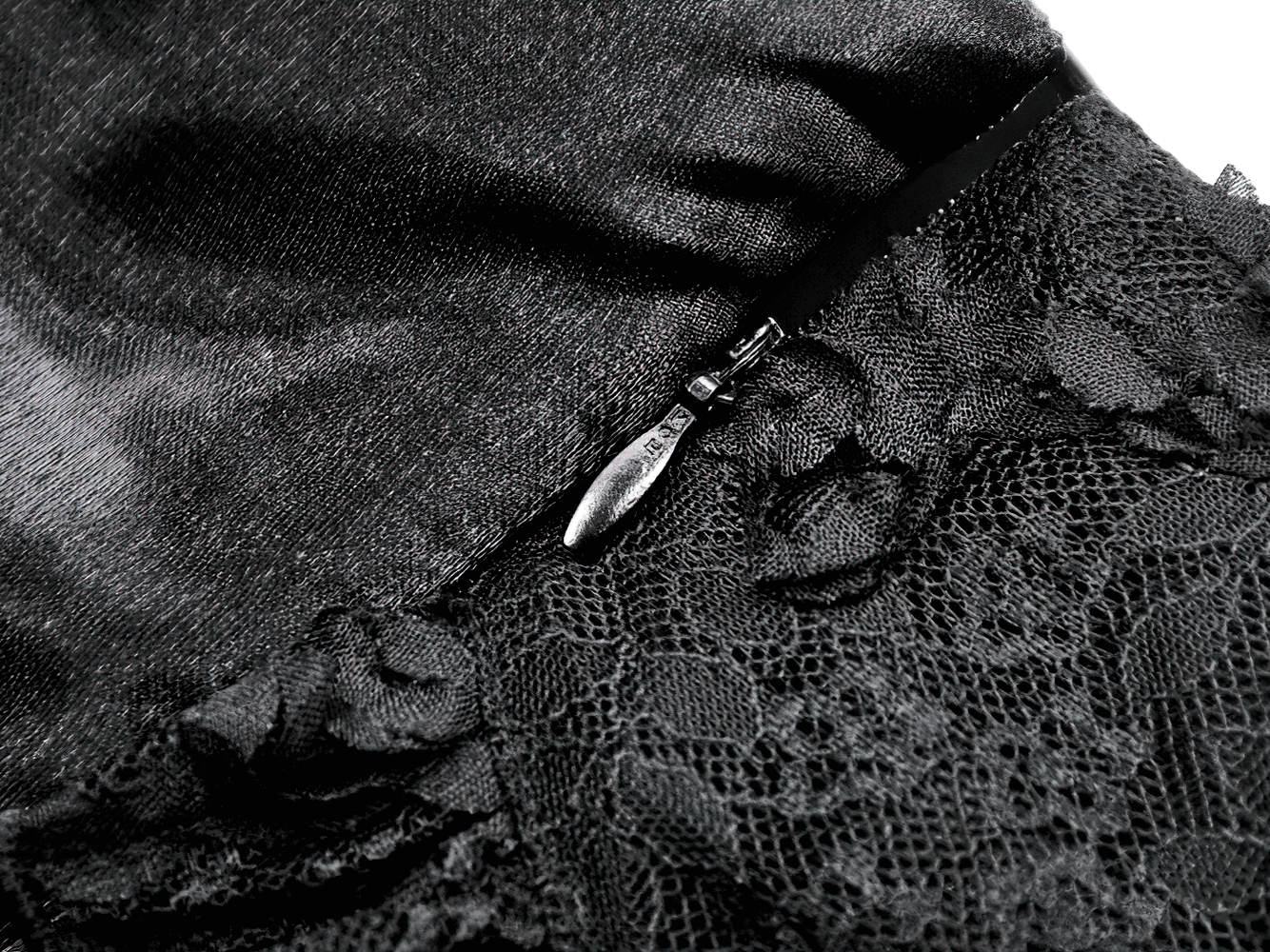 Gothic Lace and Satin Corset Mini Dress with Ruffle Details showcasing intricate lace and satin textures.