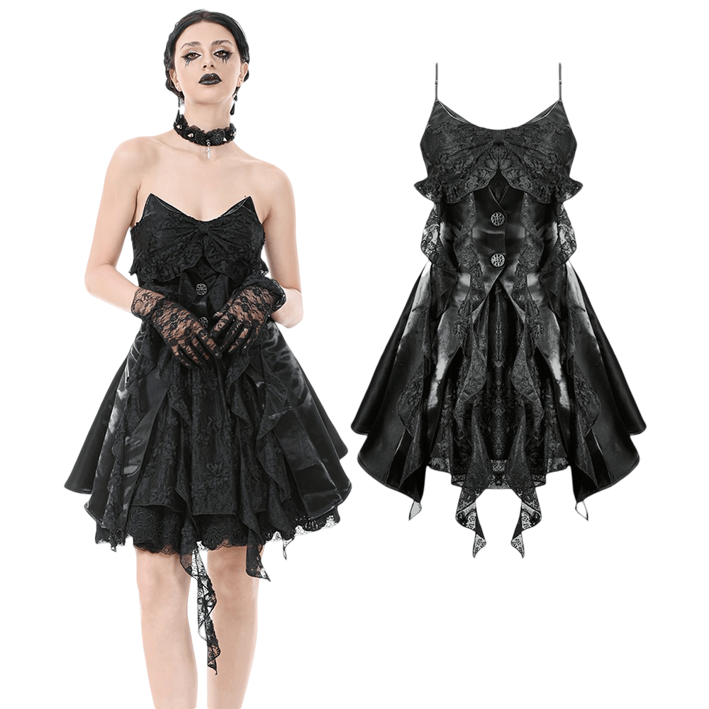 Gothic Lace and Satin Corset Mini Dress with Ruffle Details showcasing vintage Victorian style and dramatic ruffle accents.