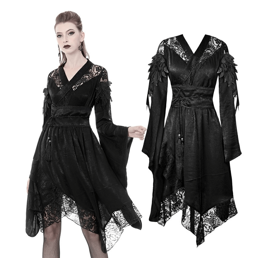 Gothic Lace and Velvet Dress with Feathered Sleeves