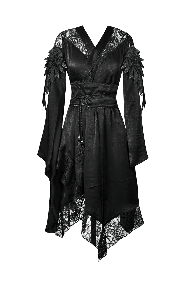 Gothic Lace and Velvet Dress with Feathered Sleeves