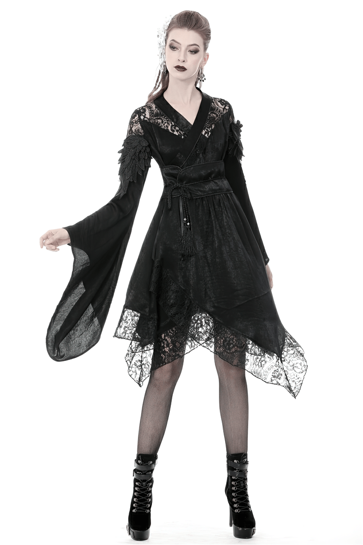 Gothic Lace and Velvet Dress with Feathered Sleeves