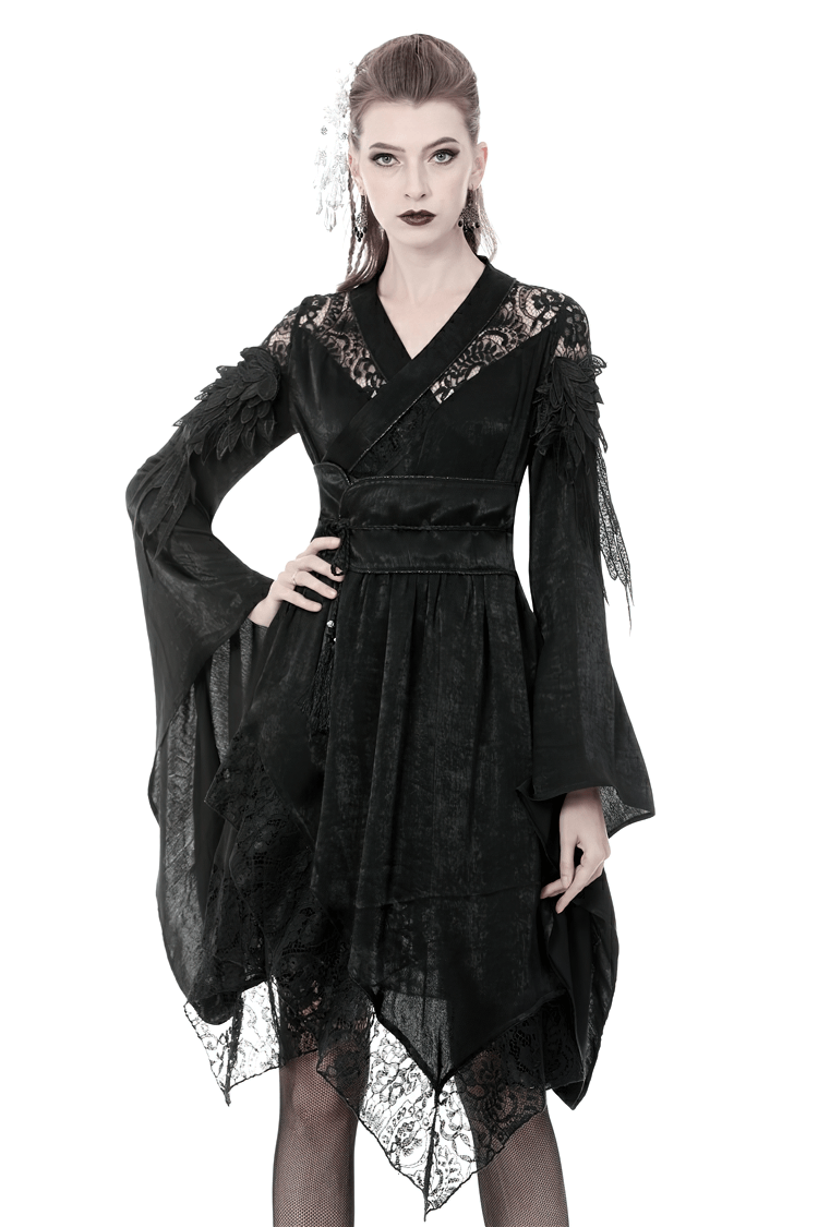 Gothic Lace and Velvet Dress with Feathered Sleeves