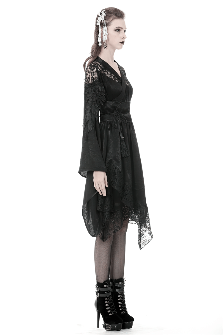 Gothic Lace and Velvet Dress with Feathered Sleeves