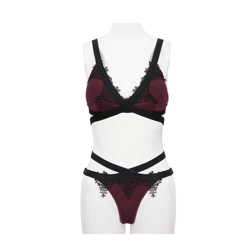 Elegant burgundy bikini set with gothic lace appliques and elastic straps for a stylish beach look.