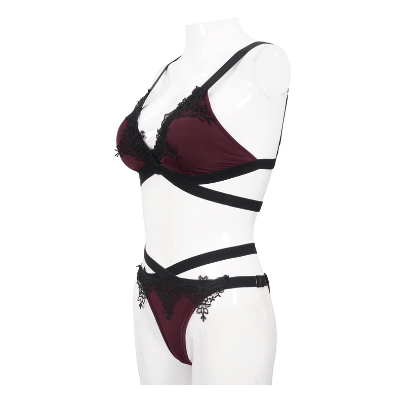 Elegant gothic burgundy bikini set with lace and elastic straps showcasing modern cut and style.