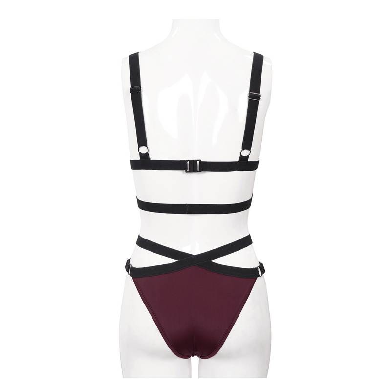 Elegant burgundy swimsuit set with black elastic straps and lace details, showcasing a trendy gothic style.