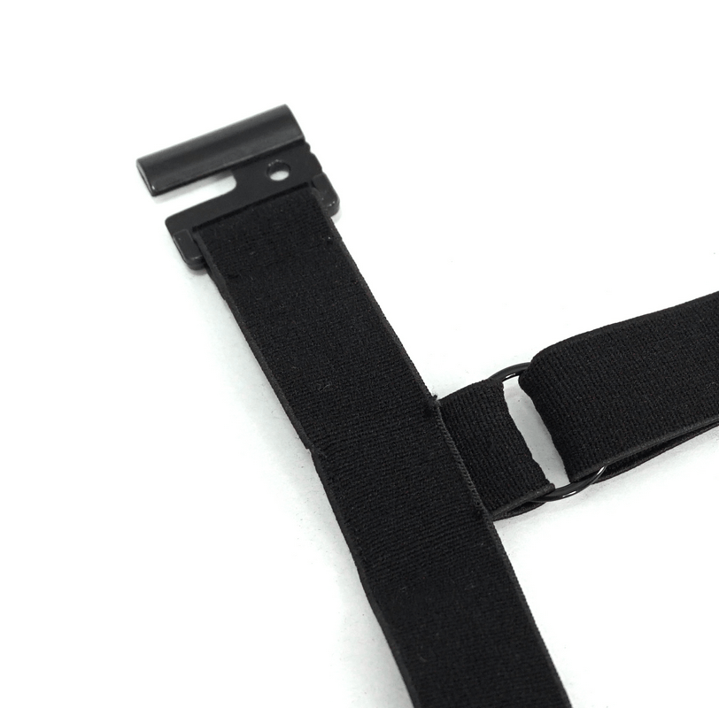 Close-up of a black elastic strap with a metal clasp, ideal for swimwear or adjustable apparel.