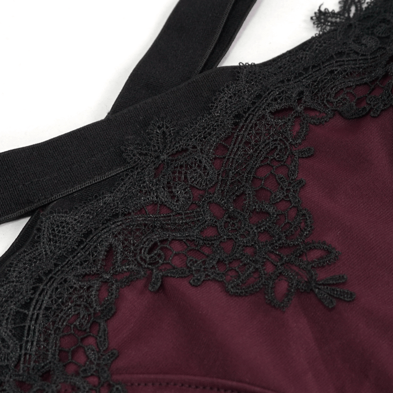Elegant burgundy swimsuit with black lace appliques and elastic straps for a gothic look.