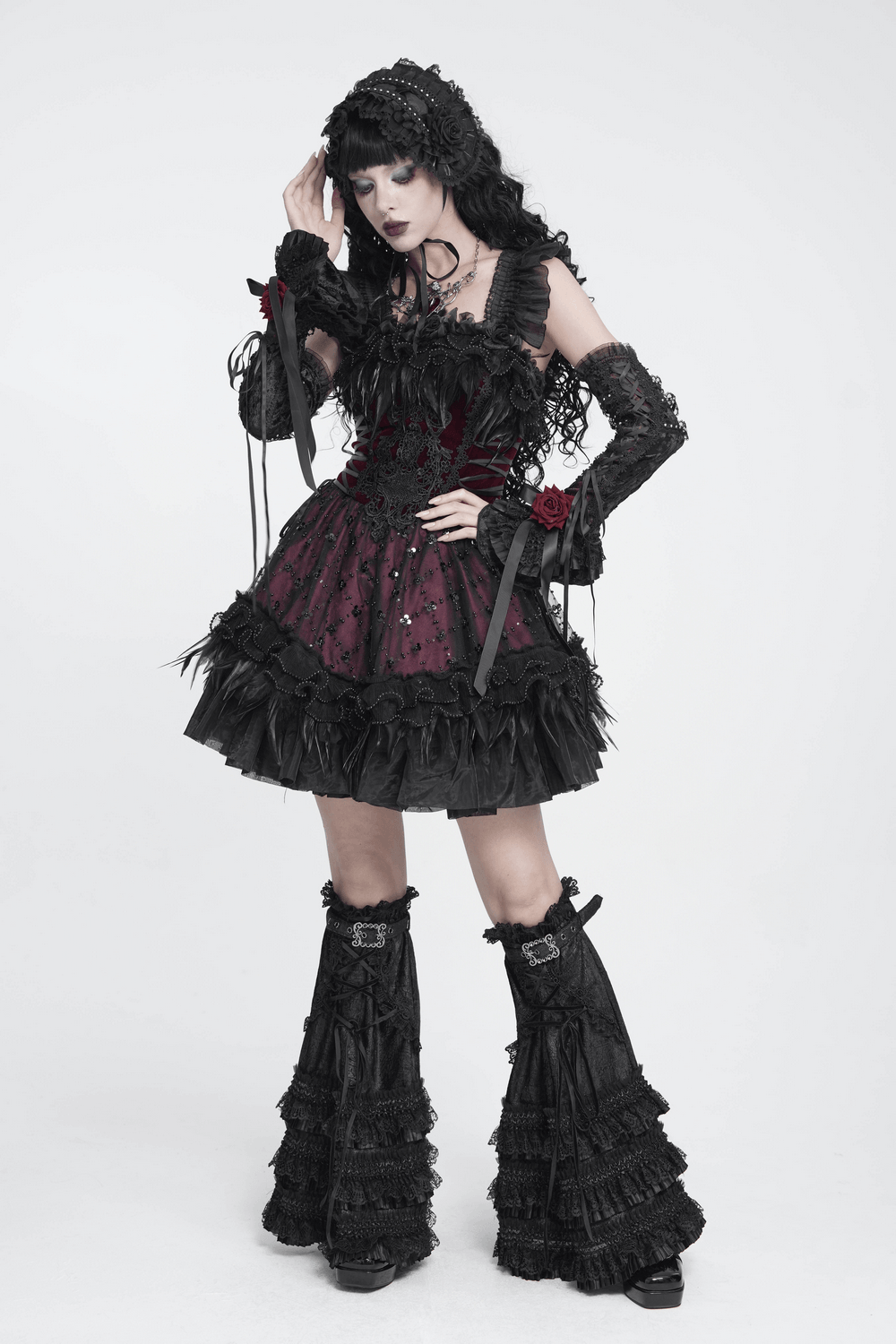 Damen-Gothic-Beinstulpen aus Spitze mit Rüschen und Schnallen