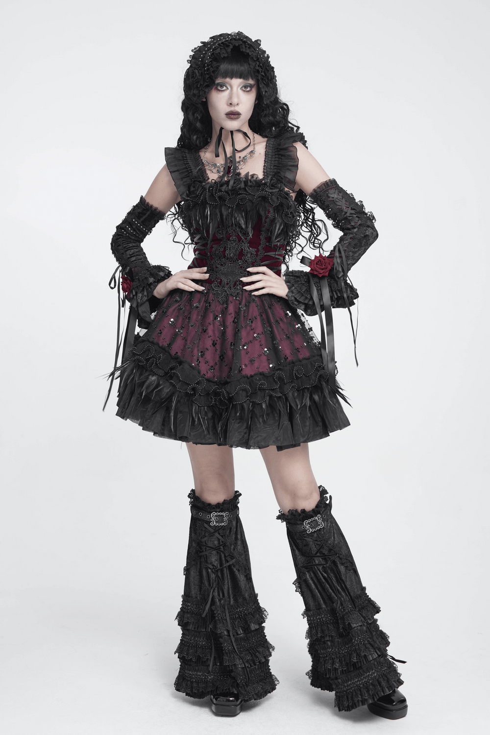 Damen-Gothic-Beinstulpen aus Spitze mit Rüschen und Schnallen