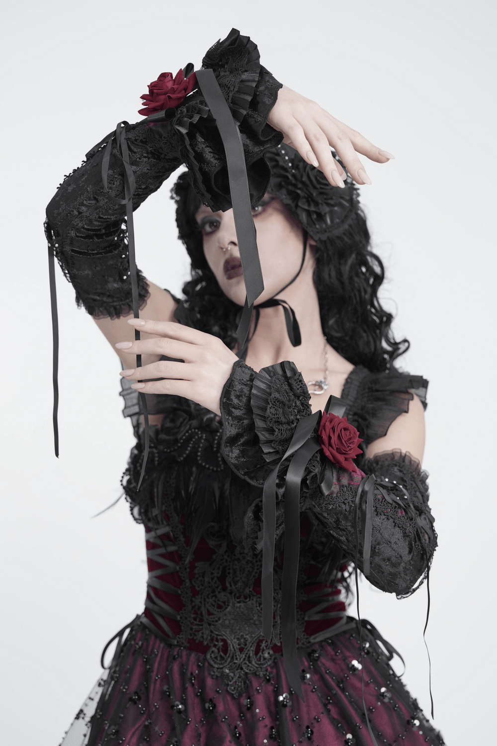 Damen-Gothic-Beinstulpen aus Spitze mit Rüschen und Schnallen